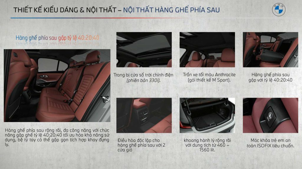 Không gian nội thất và hàng ghế thứ 2 trên BMW 320i Sport Line LCI.